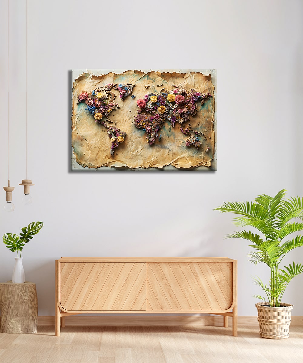 Floral World Map Kanvas Tablo – Vintage Esintili Çiçekli Dünya Haritası