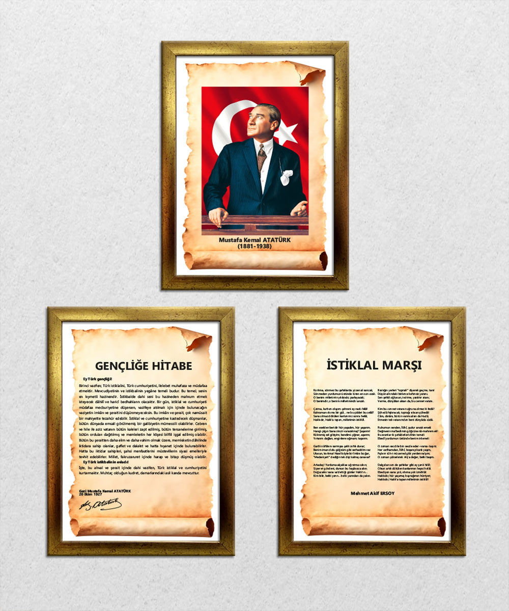 A006 Gençliğe Hitabe-Atatürk-İstiklal Marşı Altın Rengi Çerçeve 3'lü Okul Seti