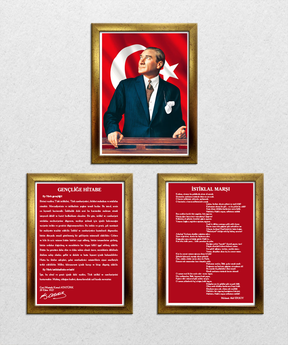 A003 Gençliğe Hitabe-Atatürk-İstiklal Marşı Altın Rengi Çerçeve 3'lü Okul Seti