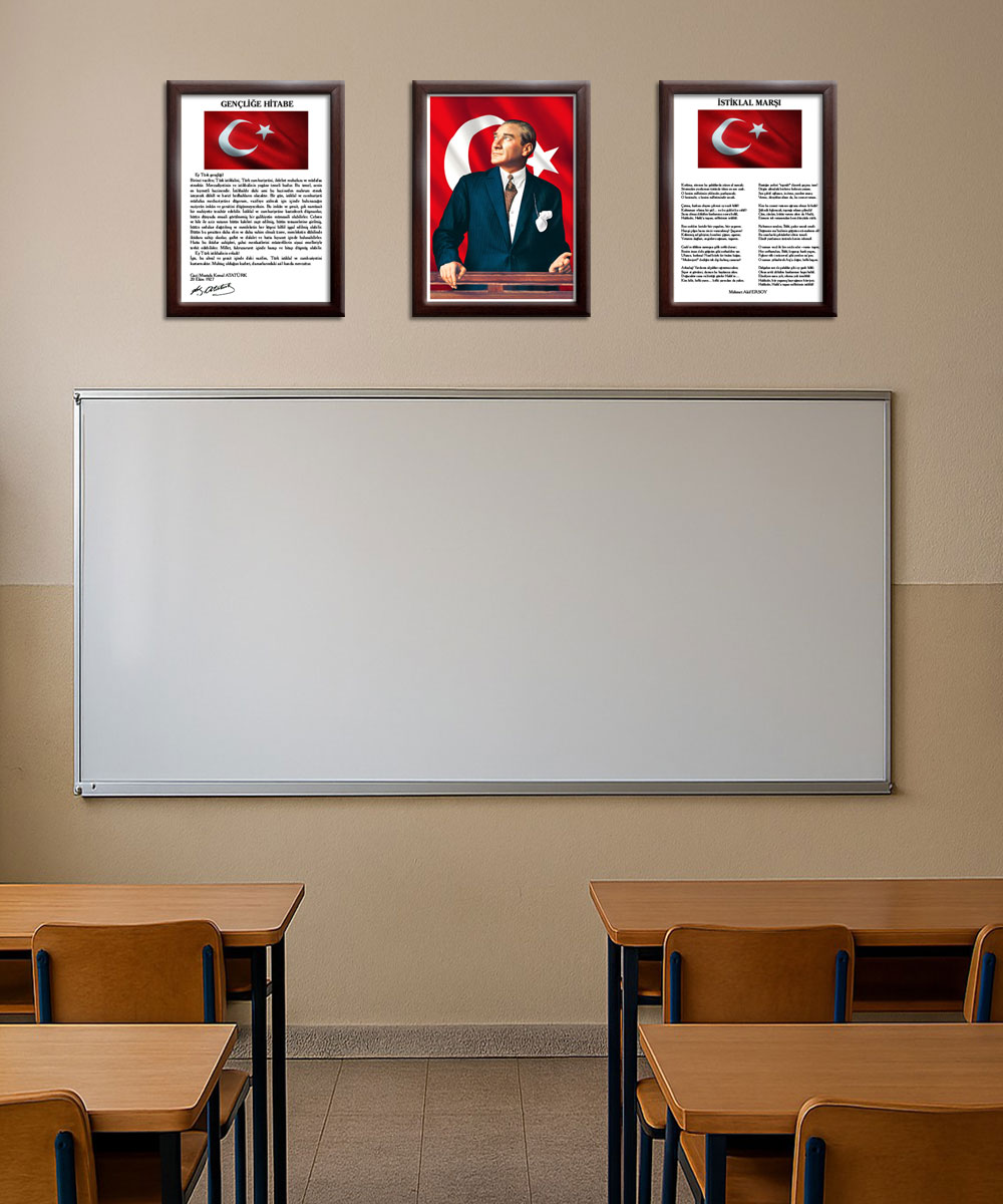A004 Gençliğe Hitabe-Atatürk-İstiklal Marşı Ceviz Rengi Çerçeve 3'lü Okul Seti