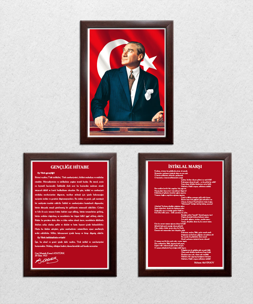 A003 Gençliğe Hitabe-Atatürk-İstiklal Marşı Ceviz Rengi Çerçeve 3'lü Okul Seti