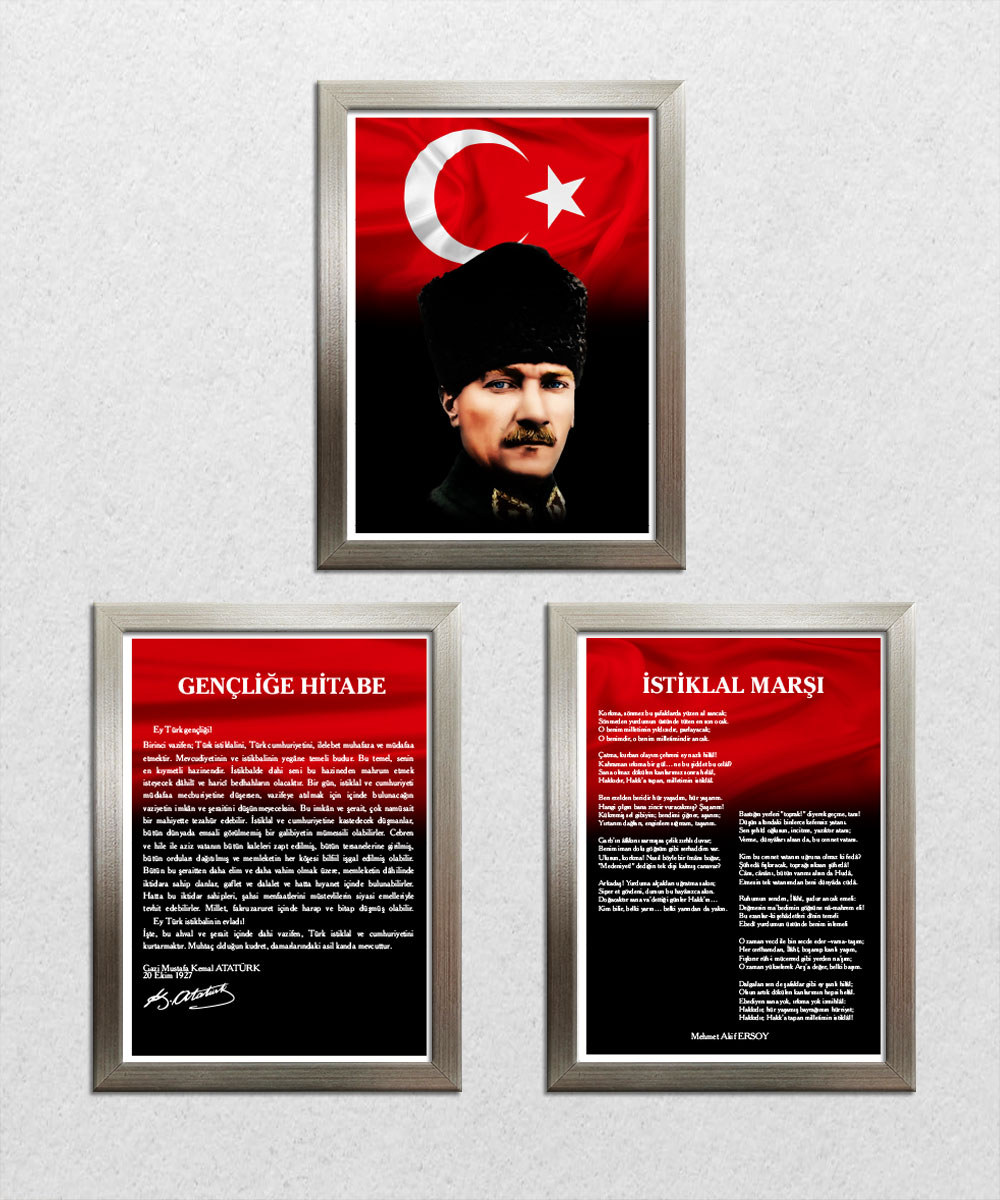 A005 Gençliğe Hitabe-Atatürk-İstiklal Marşı Platin Rengi Çerçeve 3'lü Okul Seti