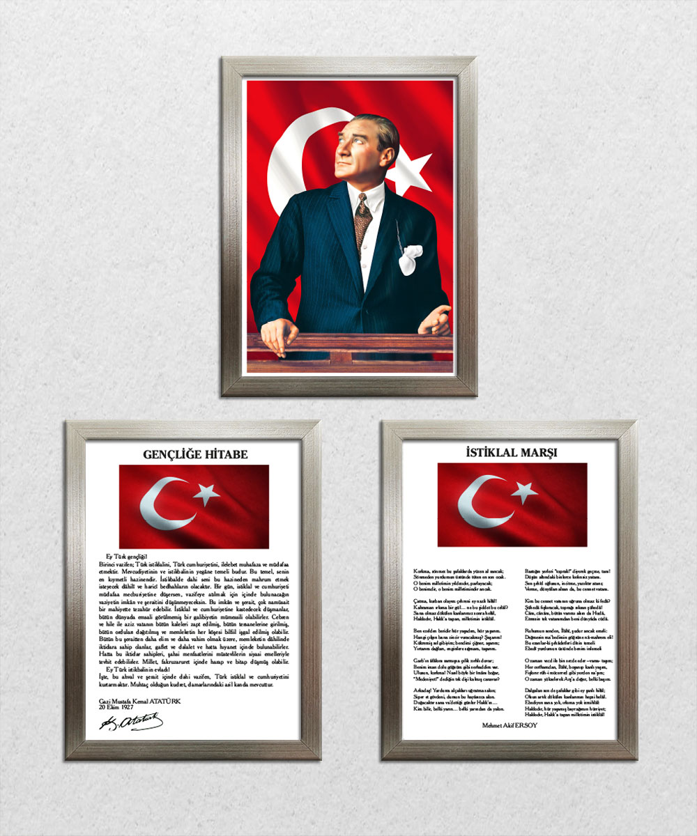 A004 Gençliğe Hitabe-Atatürk-İstiklal Marşı Platin Rengi Çerçeve 3'lü Okul Seti