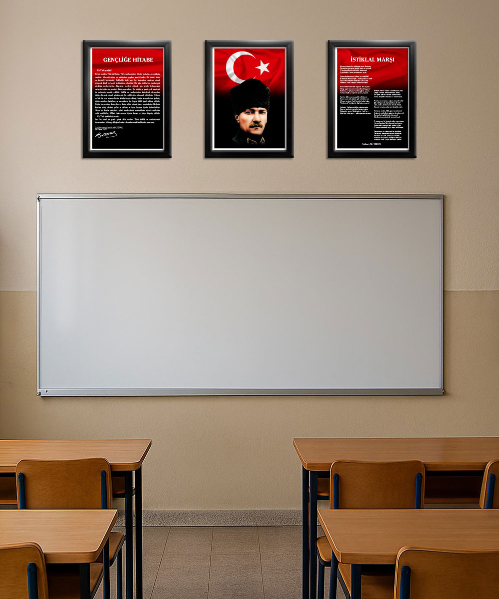 A005 Gençliğe Hitabe-Atatürk-İstiklal Marşı Siyah Rengi Çerçeve 3'lü Okul Seti